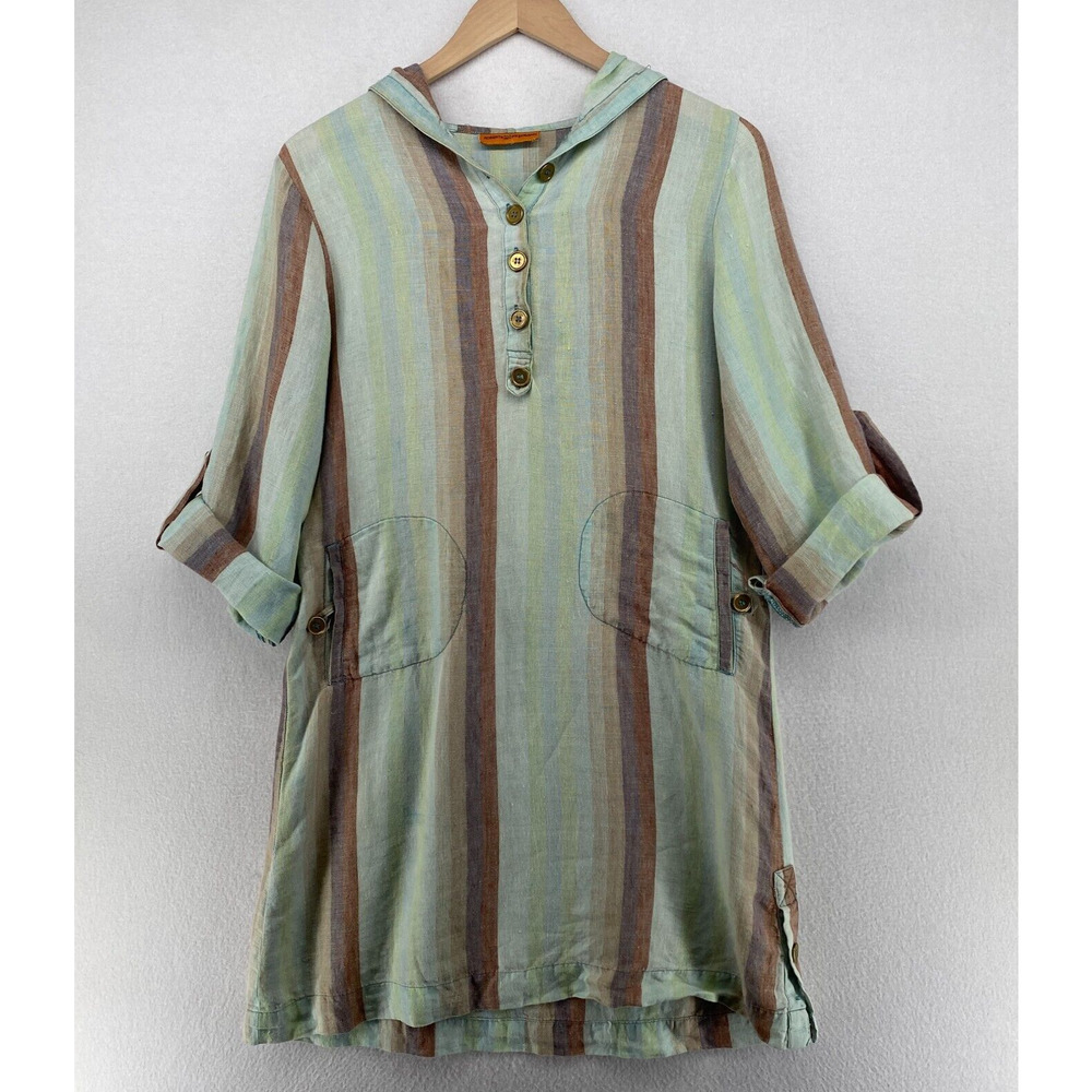 ROBERTA FREYMANN Dress M Linen Stripe Shift Popover Hoodie Roll Tab Sleeve Green